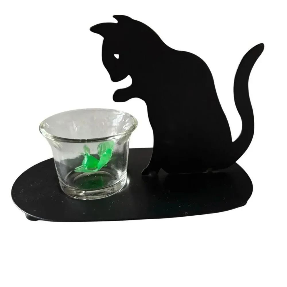 Cat Silhouette Metal Votive Candle Holder With Removable Glass Votive